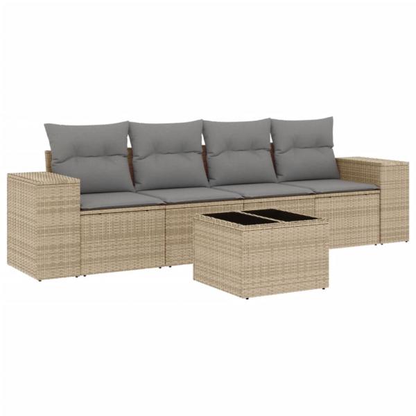 5-tlg. Garten-Sofagarnitur mit Kissen Beige Poly Rattan