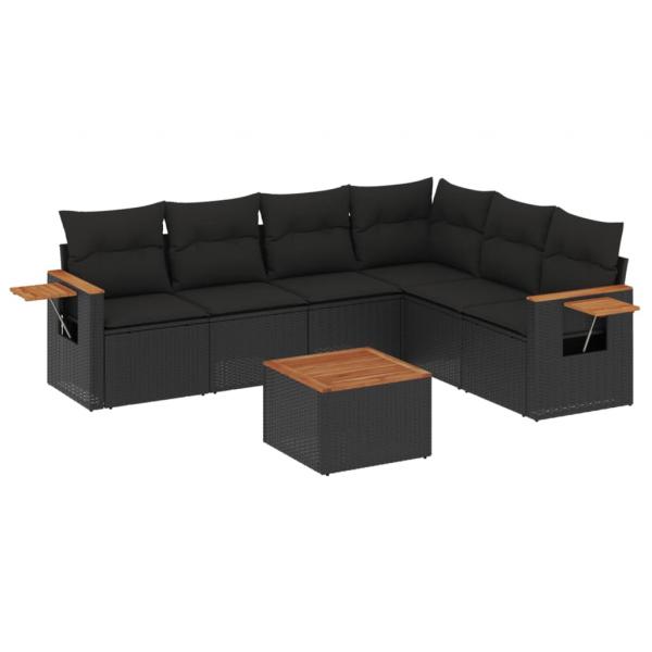 7-tlg. Garten-Sofagarnitur mit Kissen Schwarz Poly Rattan