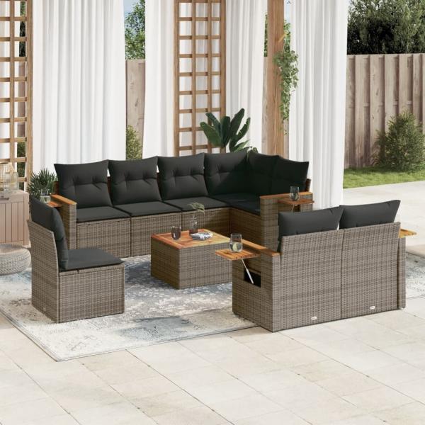 ARDEBO.de - 9-tlg. Garten-Sofagarnitur mit Kissen Grau Poly Rattan