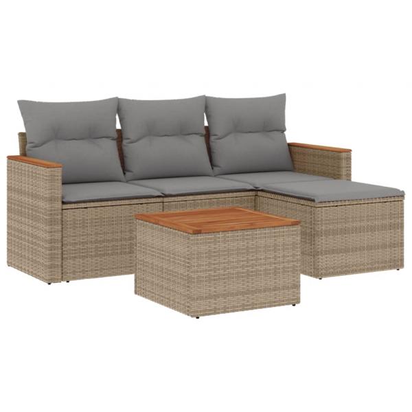 5-tlg. Garten-Sofagarnitur mit Kissen Beige Poly Rattan