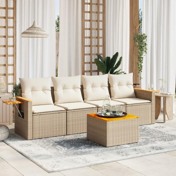 ARDEBO.de - 5-tlg. Garten-Sofagarnitur mit Kissen Beige Poly Rattan