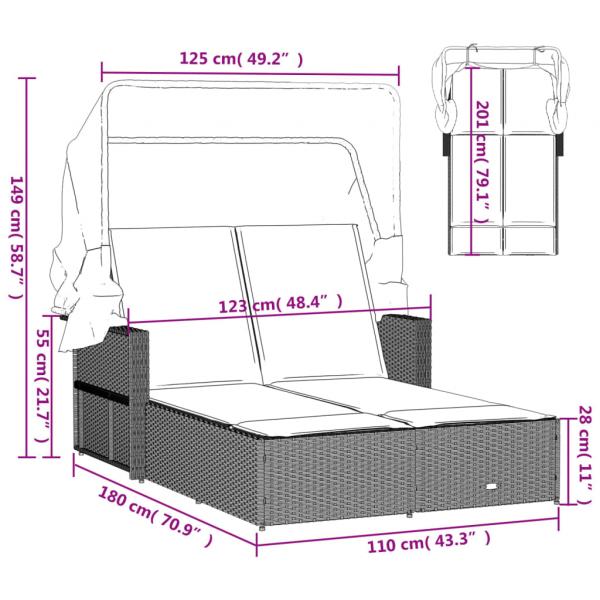 Doppel-Sonnenliege mit Dach und Auflagen Beige Poly Rattan