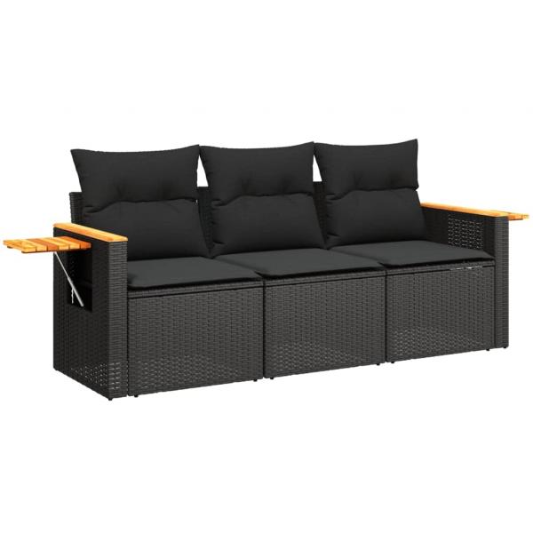 3-tlg. Garten-Sofagarnitur mit Kissen Schwarz Poly Rattan