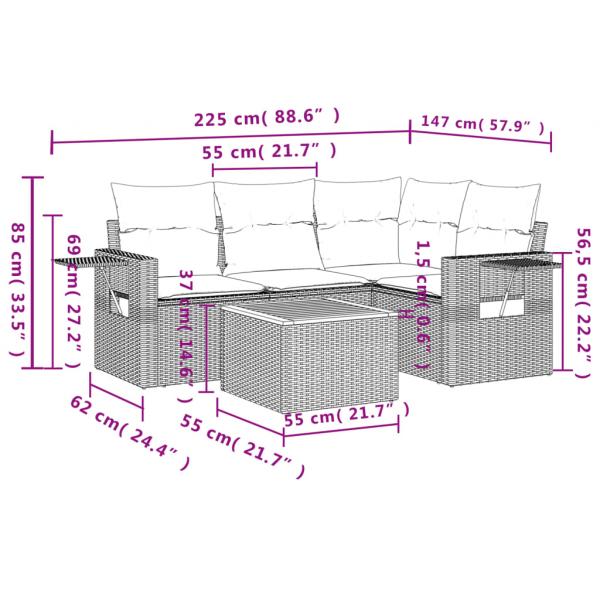 5-tlg. Garten-Sofagarnitur mit Kissen Grau Poly Rattan