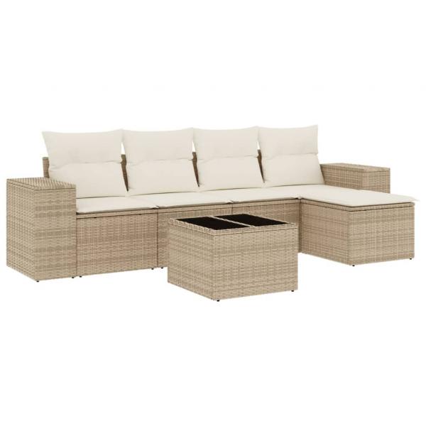 6-tlg. Garten-Sofagarnitur mit Kissen Beige Poly Rattan