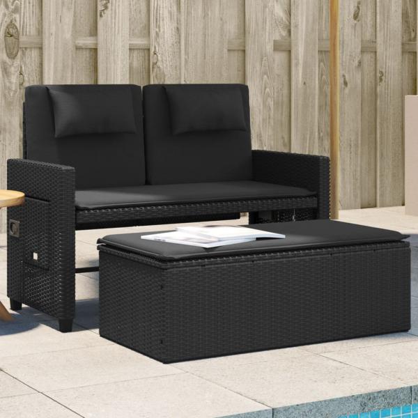 ARDEBO.de - Gartenbank Verstellbar mit Kissen Schwarz Poly Rattan