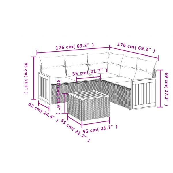 6-tlg. Garten-Sofagarnitur mit Kissen Grau Poly Rattan