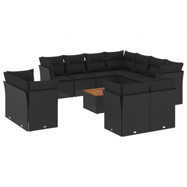 12-tlg. Garten-Sofagarnitur mit Kissen Schwarz Poly Rattan