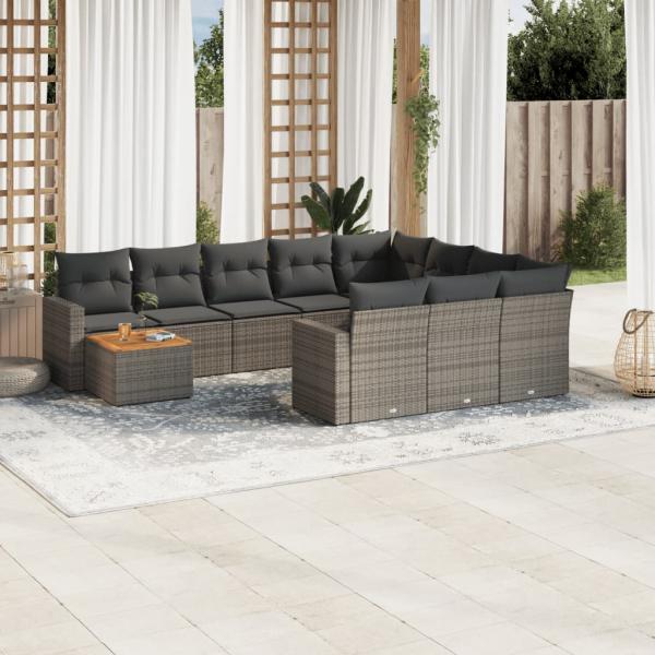 ARDEBO.de - 11-tlg. Garten-Sofagarnitur mit Kissen Grau Poly Rattan