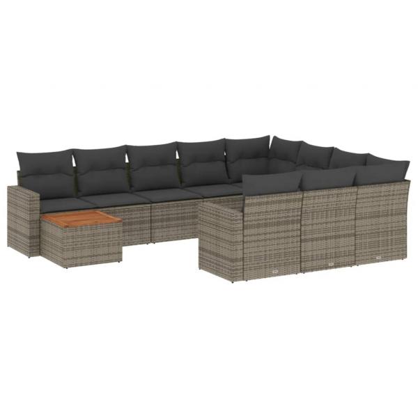 11-tlg. Garten-Sofagarnitur mit Kissen Grau Poly Rattan