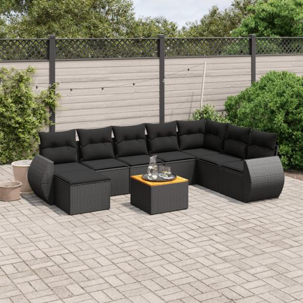 ARDEBO.de - 9-tlg. Garten-Sofagarnitur mit Kissen Schwarz Poly Rattan