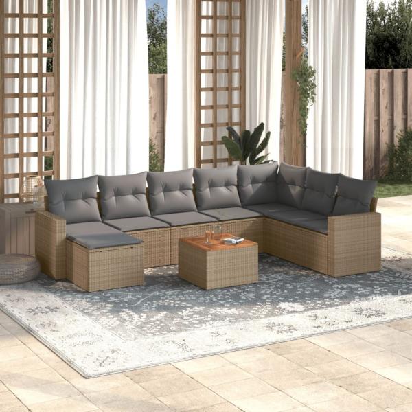 ARDEBO.de - 9-tlg. Garten-Sofagarnitur mit Kissen Beige Poly Rattan