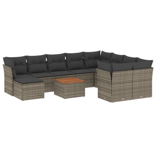 11-tlg. Garten-Sofagarnitur mit Kissen Grau Poly Rattan