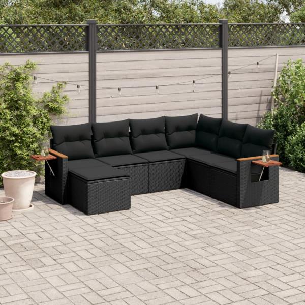 ARDEBO.de - 7-tlg. Garten-Sofagarnitur mit Kissen Schwarz Poly Rattan