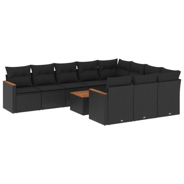 11-tlg. Garten-Sofagarnitur mit Kissen Schwarz Poly Rattan