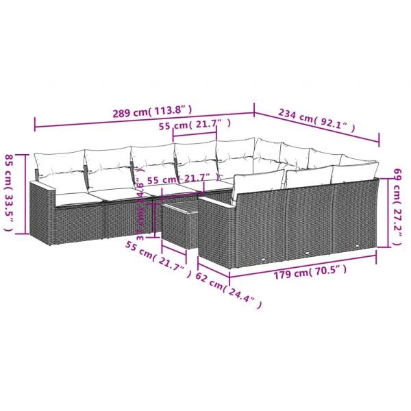 11-tlg. Garten-Sofagarnitur mit Kissen Schwarz Poly Rattan