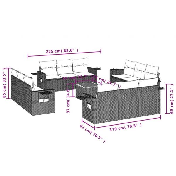 13-tlg. Garten-Sofagarnitur mit Kissen Grau Poly Rattan