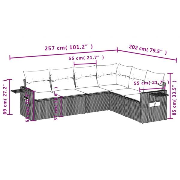 6-tlg. Garten-Sofagarnitur mit Kissen Grau Poly Rattan