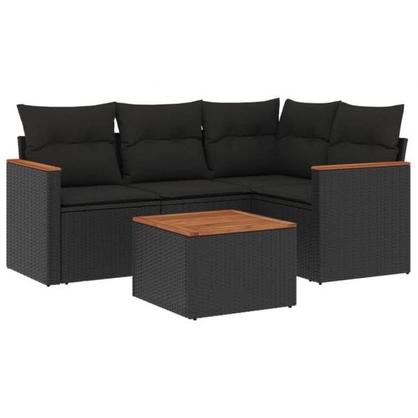 5-tlg. Garten-Sofagarnitur mit Kissen Schwarz Poly Rattan