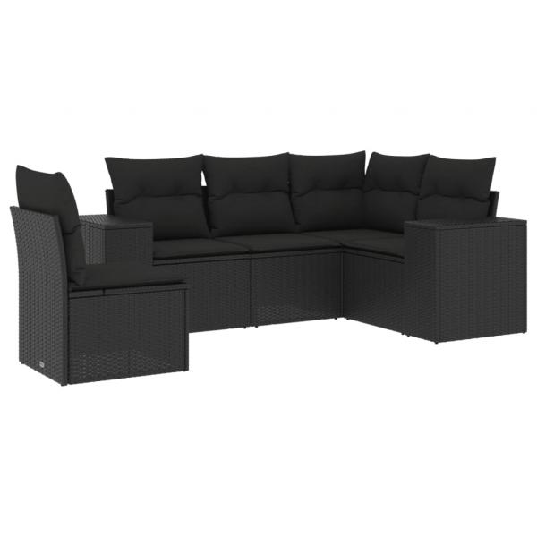 5-tlg. Garten-Sofagarnitur mit Kissen Schwarz Poly Rattan