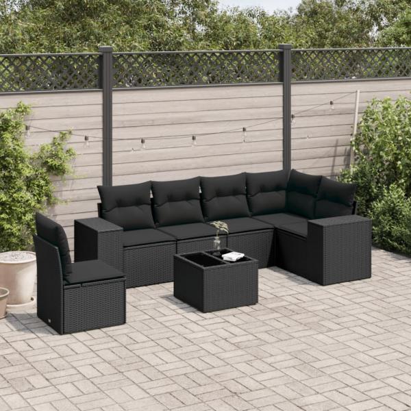 ARDEBO.de - 7-tlg. Garten-Sofagarnitur mit Kissen Schwarz Poly Rattan