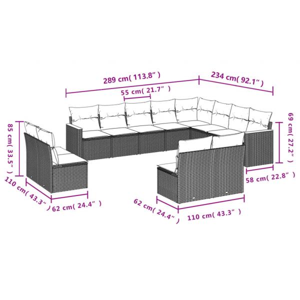 12-tlg. Garten-Sofagarnitur mit Kissen Grau Poly Rattan