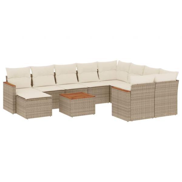 11-tlg. Garten-Sofagarnitur mit Kissen Beige Poly Rattan