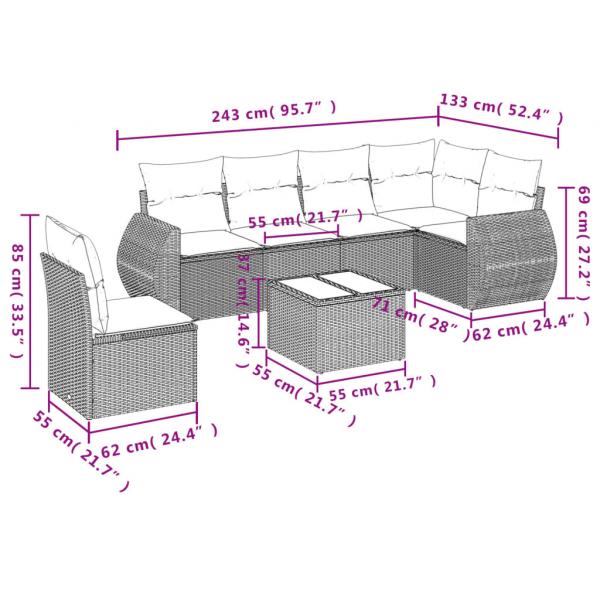 7-tlg. Garten-Sofagarnitur mit Kissen Grau Poly Rattan