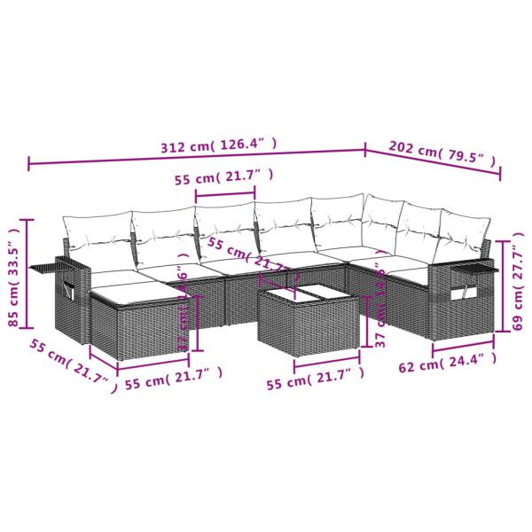 9-tlg. Garten-Sofagarnitur mit Kissen Grau Poly Rattan