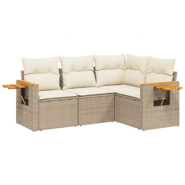 4-tlg. Garten-Sofagarnitur mit Kissen Beige Poly Rattan