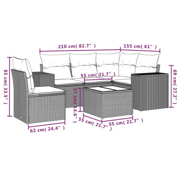 6-tlg. Garten-Sofagarnitur mit Kissen Grau Poly Rattan