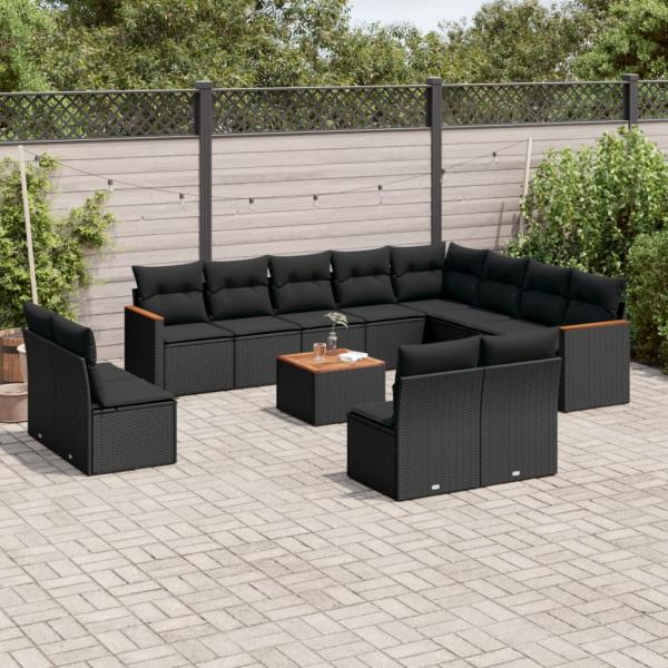 ARDEBO.de - 13-tlg. Garten-Sofagarnitur mit Kissen Schwarz Poly Rattan