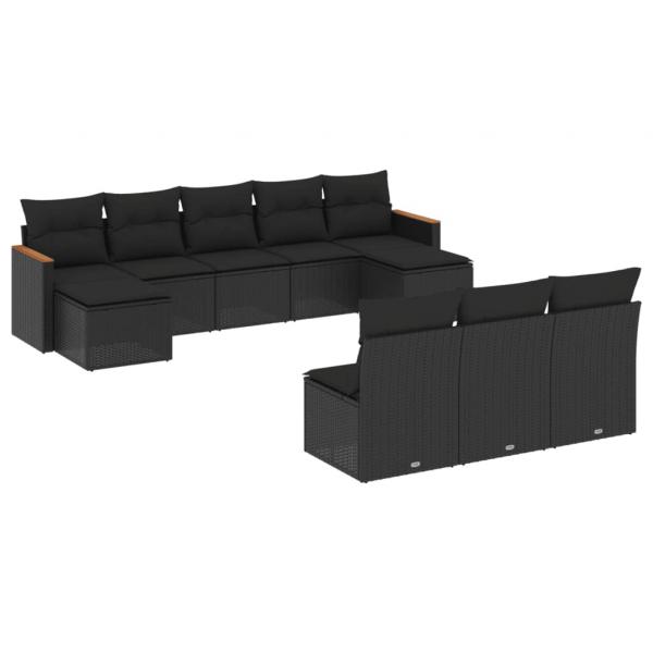 10-tlg. Garten-Sofagarnitur mit Kissen Schwarz Poly Rattan