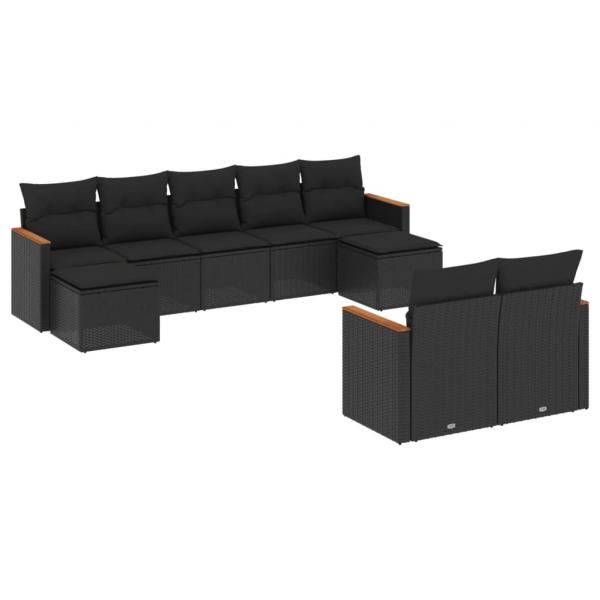 9-tlg. Garten-Sofagarnitur mit Kissen Schwarz Poly Rattan