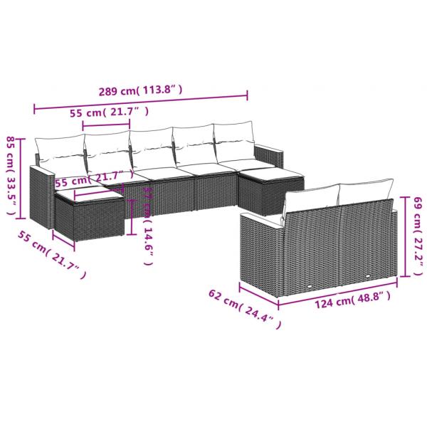 9-tlg. Garten-Sofagarnitur mit Kissen Schwarz Poly Rattan