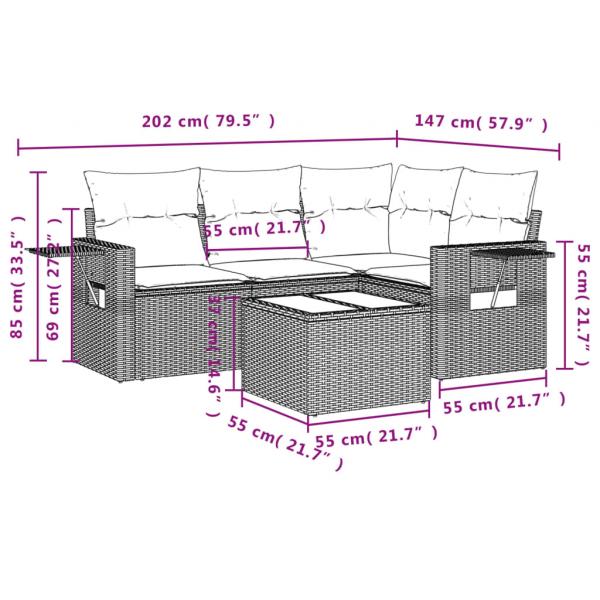 5-tlg. Garten-Sofagarnitur mit Kissen Grau Poly Rattan