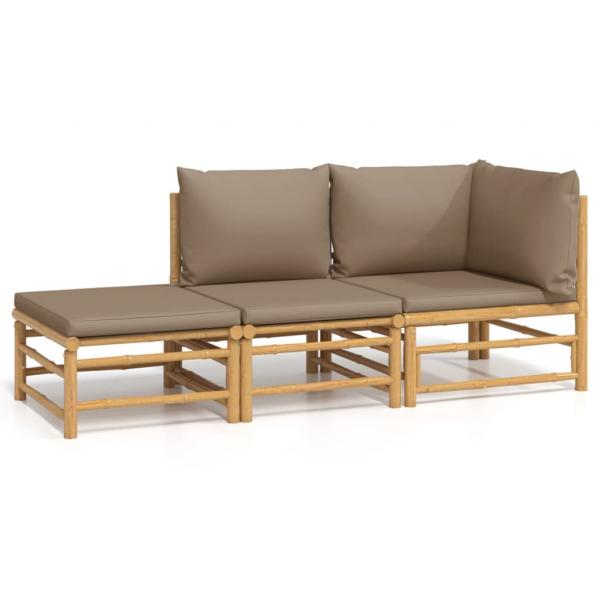 ARDEBO.de - 3-tlg. Garten-Lounge-Set mit Taupe Kissen Bambus