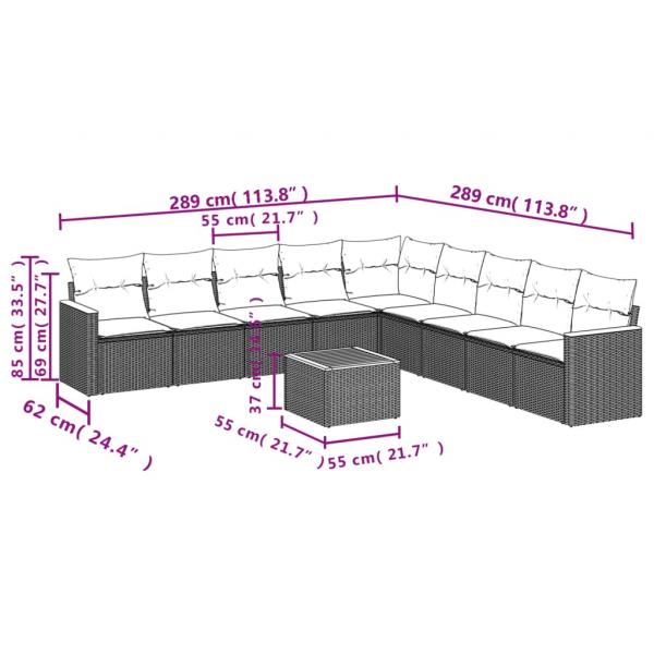 10-tlg. Garten-Sofagarnitur mit Kissen Grau Poly Rattan