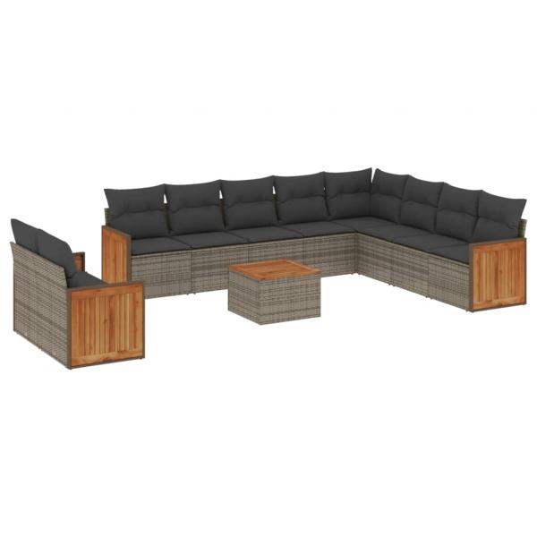 11-tlg. Garten-Sofagarnitur mit Kissen Grau Poly Rattan