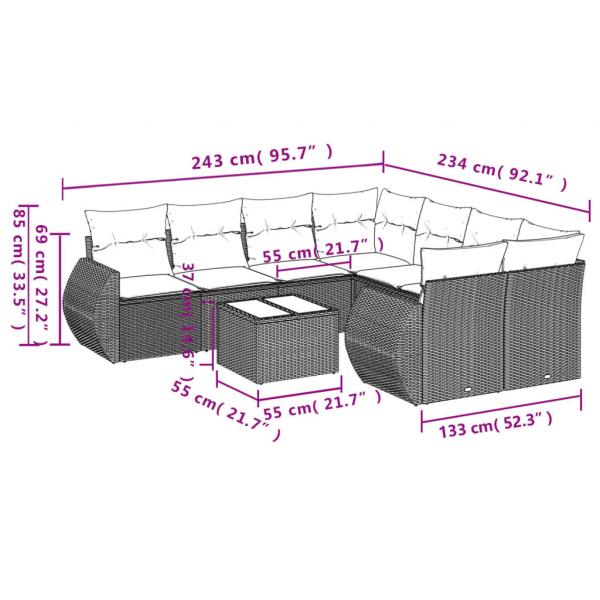 9-tlg. Garten-Sofagarnitur mit Kissen Schwarz Poly Rattan