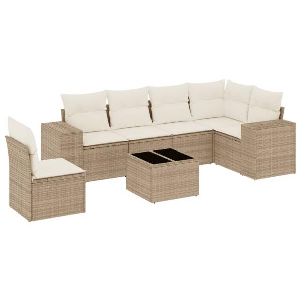 7-tlg. Garten-Sofagarnitur mit Kissen Beige Poly Rattan