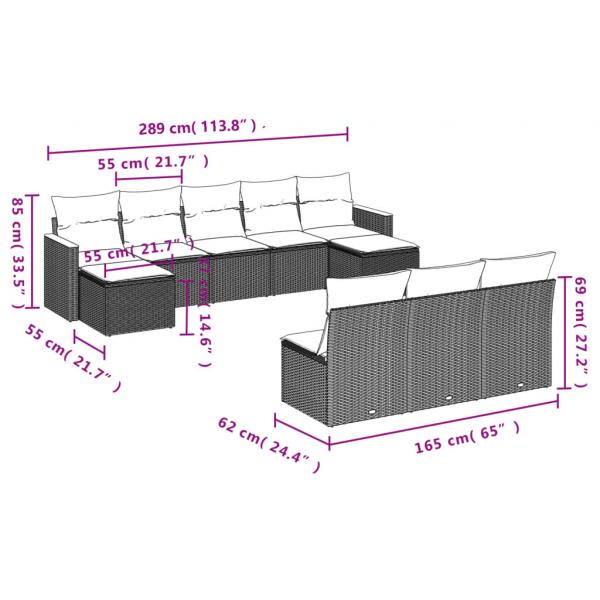 10-tlg. Garten-Sofagarnitur mit Kissen Grau Poly Rattan