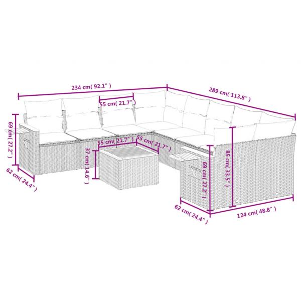 9-tlg. Garten-Sofagarnitur mit Kissen Beige Poly Rattan