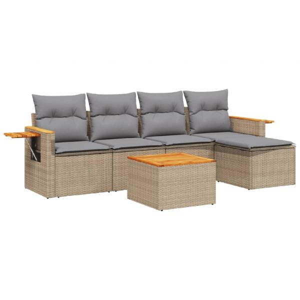 6-tlg. Garten-Sofagarnitur mit Kissen Beige Poly Rattan