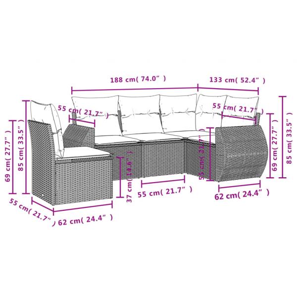 5-tlg. Garten-Sofagarnitur mit Kissen Schwarz Poly Rattan