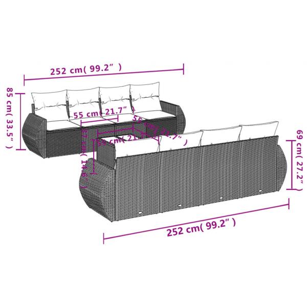 9-tlg. Garten-Sofagarnitur mit Kissen Grau Poly Rattan