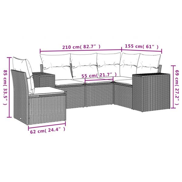 5-tlg. Garten-Sofagarnitur mit Kissen Grau Poly Rattan