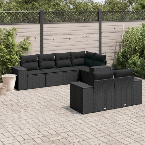 ARDEBO.de - 7-tlg. Garten-Sofagarnitur mit Kissen Schwarz Poly Rattan