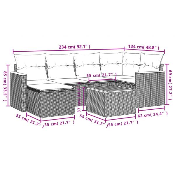 7-tlg. Garten-Sofagarnitur mit Kissen Grau Poly Rattan