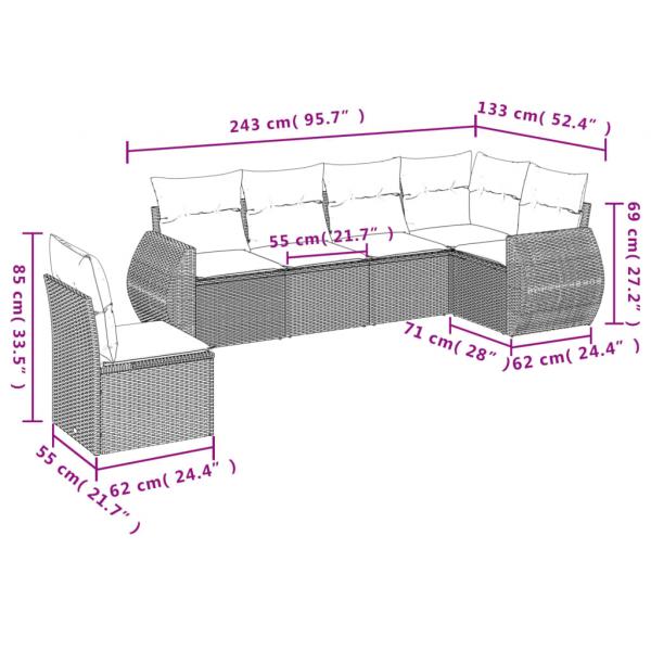 6-tlg. Garten-Sofagarnitur mit Kissen Grau Poly Rattan